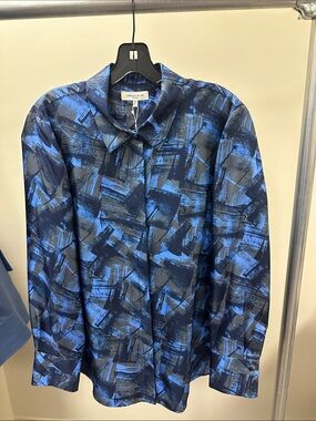 Lafayette 148 New York Blue and Black Abstract Brushstroke Button-Down